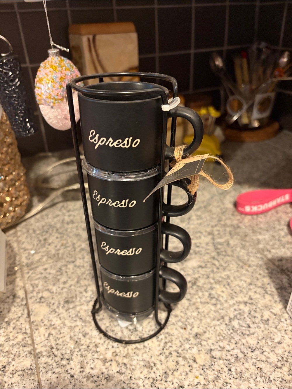 Black Espresso Cup Set with Stand - 4-Piece